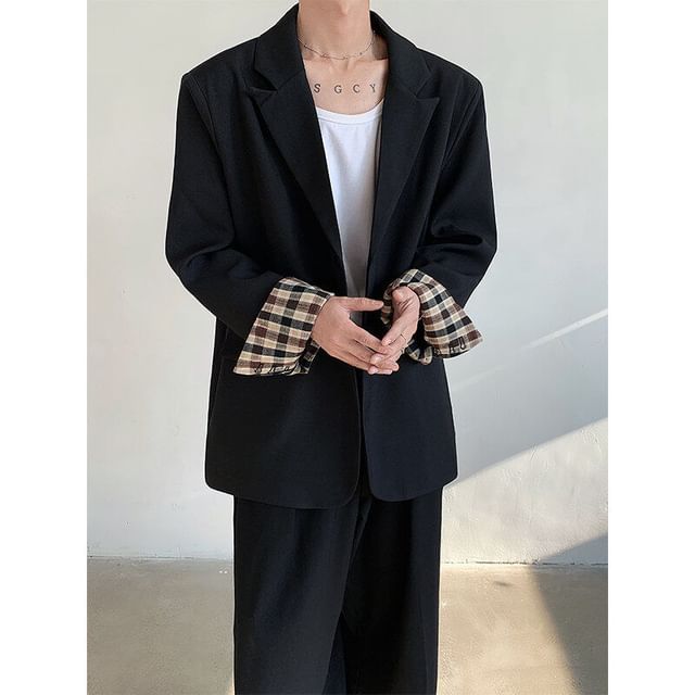 Orungeetun-Notch Lapel Plain Plaid Panel Single-Breasted Blazer