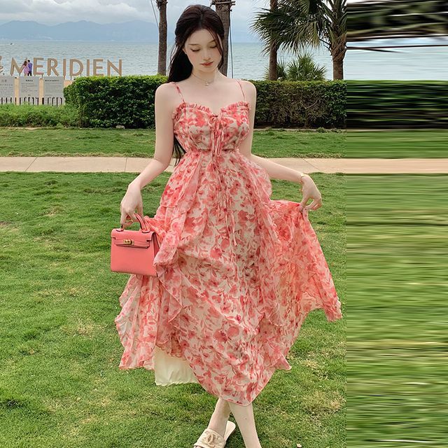 Moanum - Spaghetti Strap Sweetheart Neckline Floral Print Maxi A-Line Dress  | YesStyle