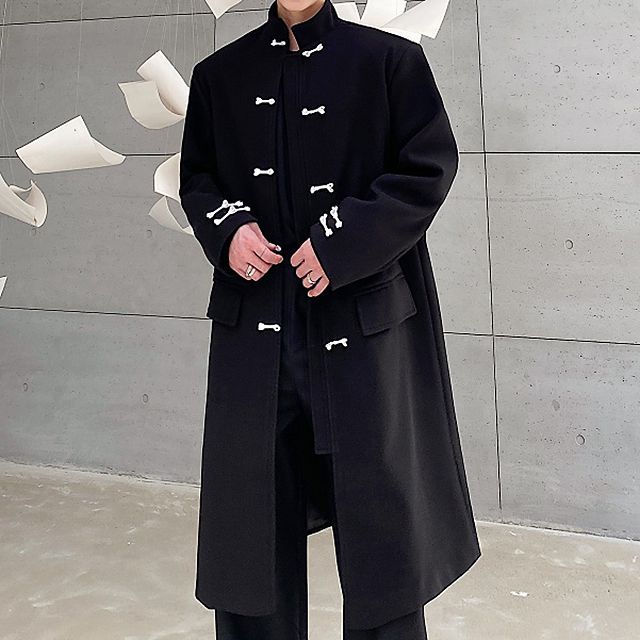 Bjorn Stand Collar Frog Button Woolen Long Coat YesStyle