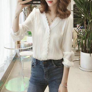 V-Neck Long-Sleeve Lace Trim Blouse 