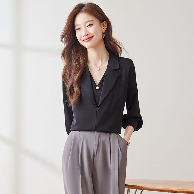 Skyheart-Long Sleeve Collared V-Neck Plain Blouse