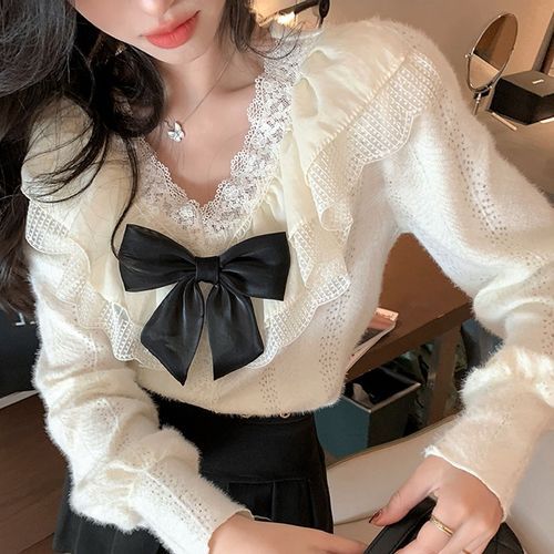 monollaic - Long-Sleeve V-Neck Bow Lace Trim Blouse | YesStyle