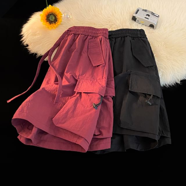 Mimiyox-Drawstring Waist Plain Cargo Shorts