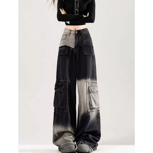Coline-Mid Waist Washed Patchwork Cargo Baggy Jeans