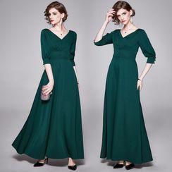 Yonna - Elbow-Sleeve V-Neck Maxi A-Line Dress