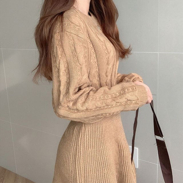 Odestra - Long-Sleeve Crew Neck Plain Cable-Knit Sweater Dress | YesStyle