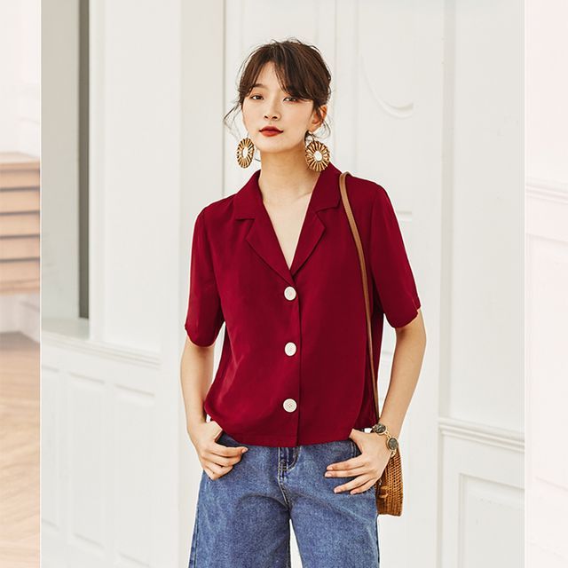 Everose-Short-Sleeve Plain Blouse
