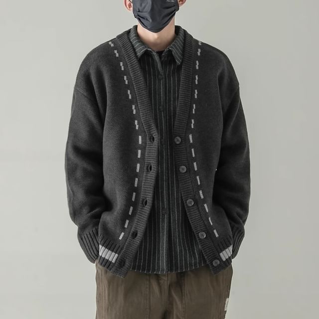 Phoneus-Contrast Stitching Button-Up Cardigan