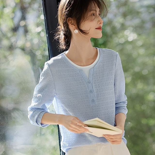 Jeonseon-Long Sleeve Round Neck Mock Two Piece Button Top