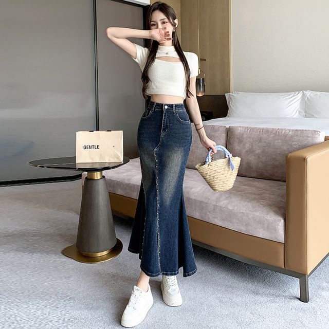 Folifa - High Waist Washed Slit Maxi Mermaid Denim Skirt | YesStyle