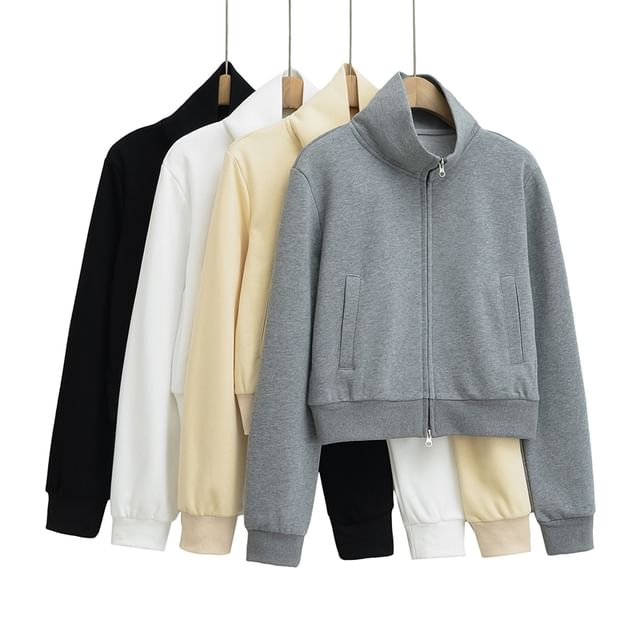 Ulark-Stand Collar Plain Zip-Up Crop Jacket