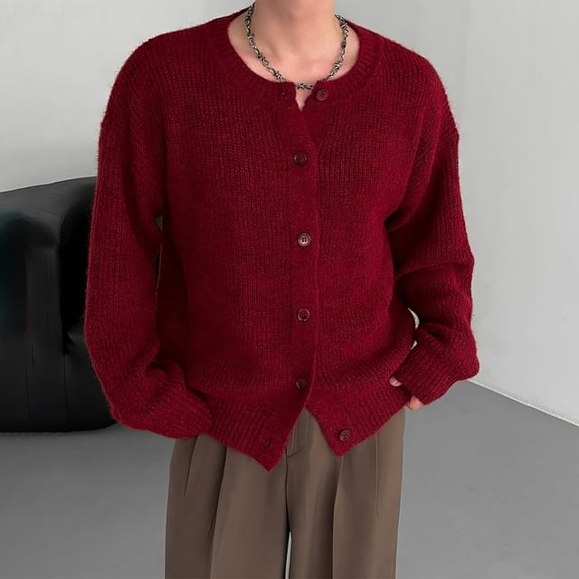 Okwano-Round Neck Plain Cardigan
