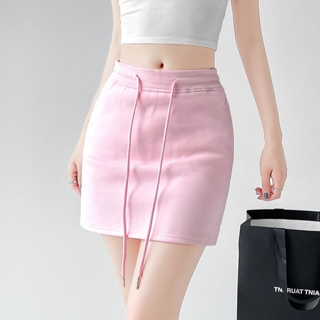 satierra-Drawstring Waist Plain Mini Pencil Skirt