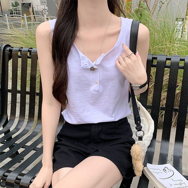 Everose-Henley Plain Tank Top