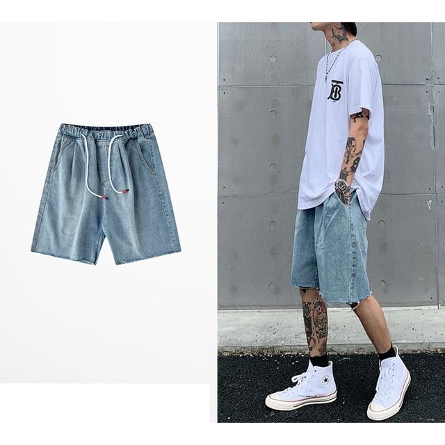 Macho-Drawstring Waist Washed Fray Denim Shorts