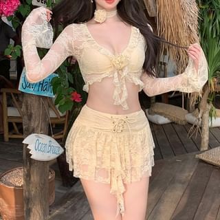 Seneliel Set: Long-Sleeve Floral Lace Swim Top + Plain Bikini Lace-Up