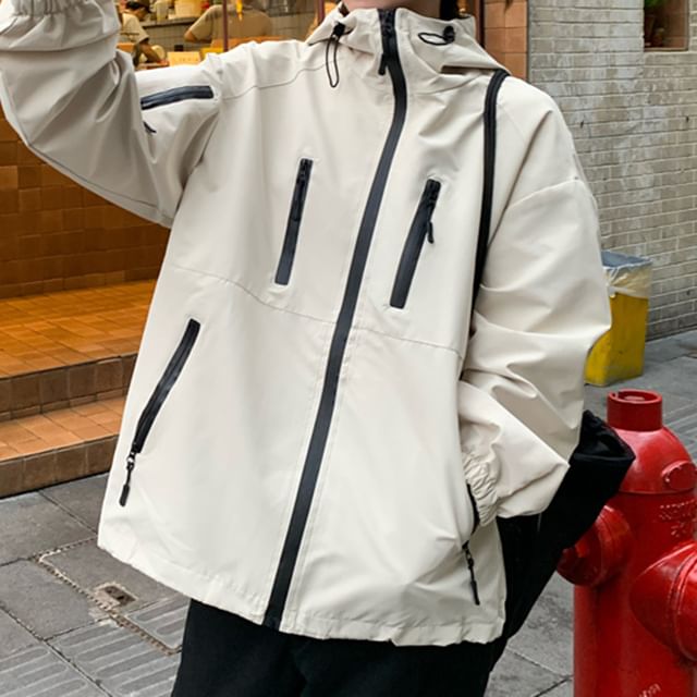 KUMI-Contrast Trim Hooded Zip-Up Jacket