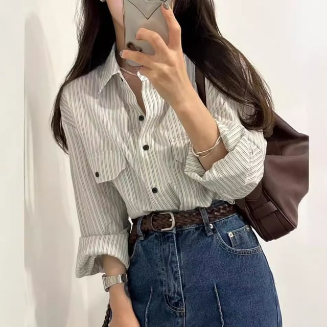 Tulstrix-Long Sleeve Collared Striped Button Up Shirt