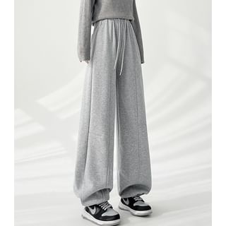 evanesce-Drawstring Waist Plain Baggy Pants