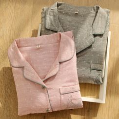 MEJU - Pajama Set: Bird Embroidered Shirt + Pants