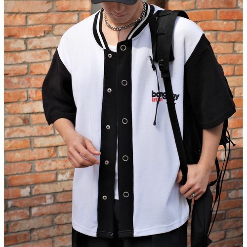Real Boy Elbow-Sleeve Two Tone Button-Up Baseball Shirt White XL