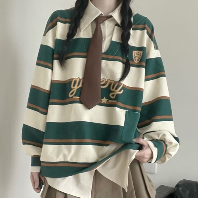 Florimi-Set Collared Mock Two-Piece Lettering Print Striped Pullover Necktie