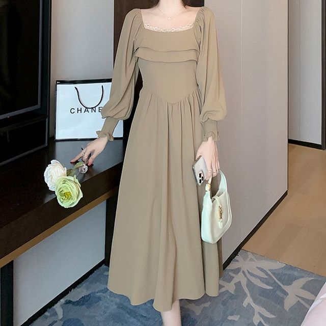 Yilda - Long-Sleeve Square Neck Plain Midi A-Line Dress