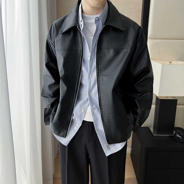 Naideth-Collared Plain Faux Leather Zip Jacket