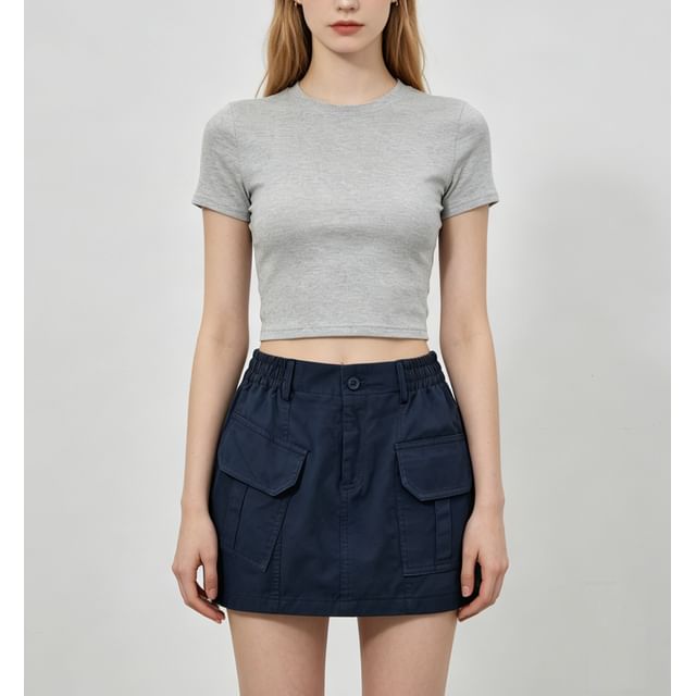 Asiris-L Elastic Waist Plain Mini A-Line Cargo Skirt