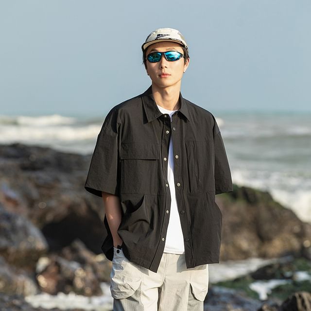 Obikan-Short Sleeve Collared Plain Cargo Shirt