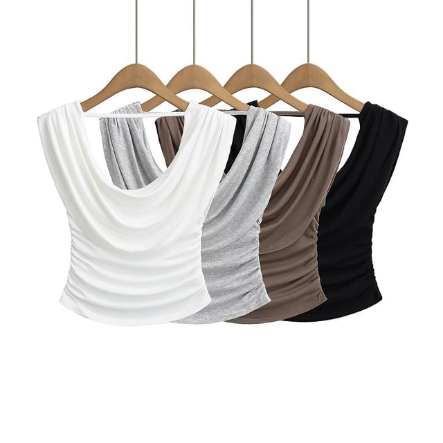 Hollahop-Cowl Neck Ruched Open Back Crop Tank Top