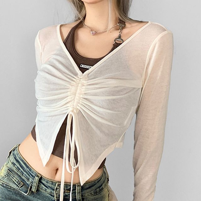 PolkaBella - Set: Halter-Neck Chained Crop Top + Long-Sleeve Drawstring ...