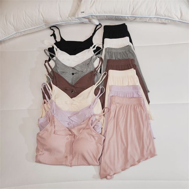 Dazzli-Pajama Set Plain Button Padded Camisole Top Shorts