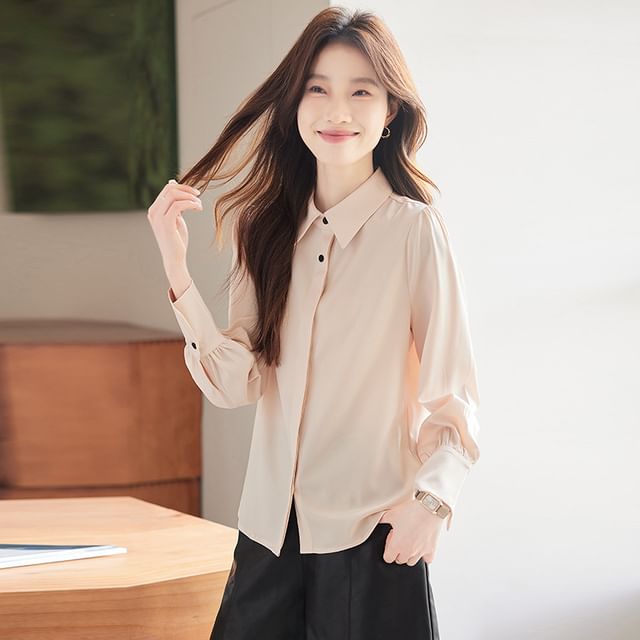 Skyheart-Long Sleeve Collared Plain Shirt