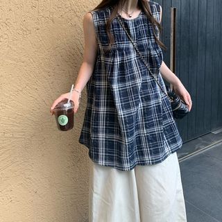 monroll Sleeveless Plaid Blouse / High Waist Plain Wide Leg Pants Sale