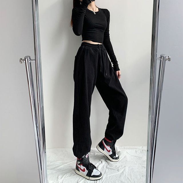 Everose-Drawstring Waist Plain Harem Sweatpants