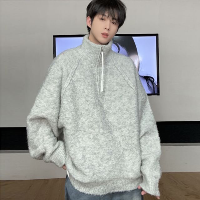DragonRoad-Stand Collar Plain Half-Zip Sweater