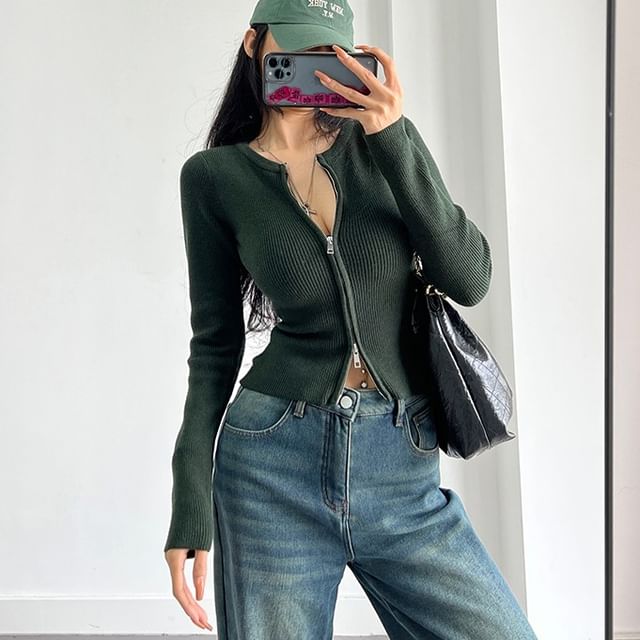 Maisee-Slim-Fit Zipper Knit Top