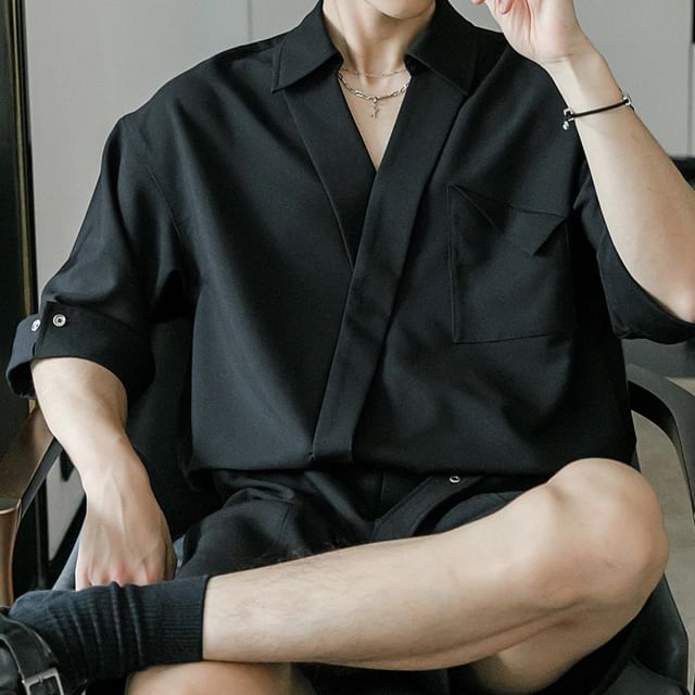 CHIC ERRO-Elbow-Sleeve V-Neck Plain Shirt