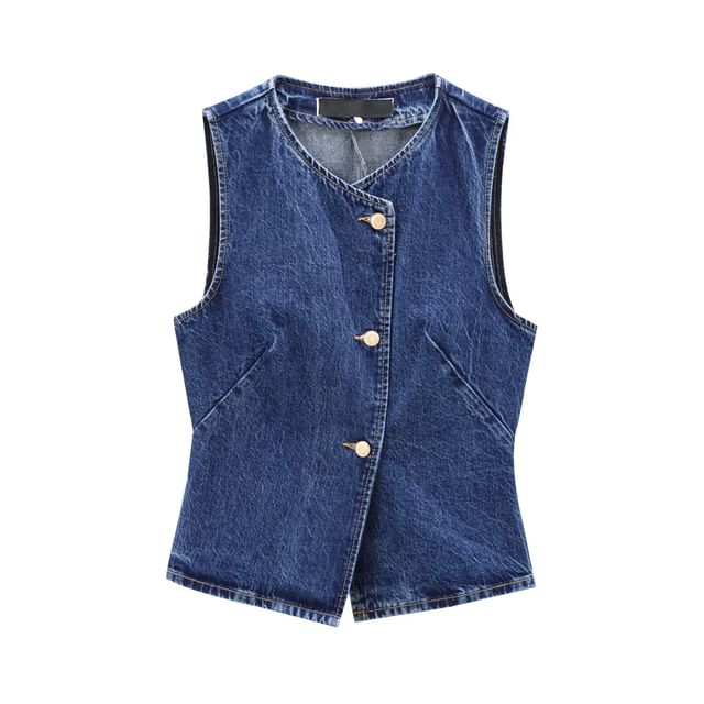Ulark-V-Neck Washed Denim Button Down Cropped Vest