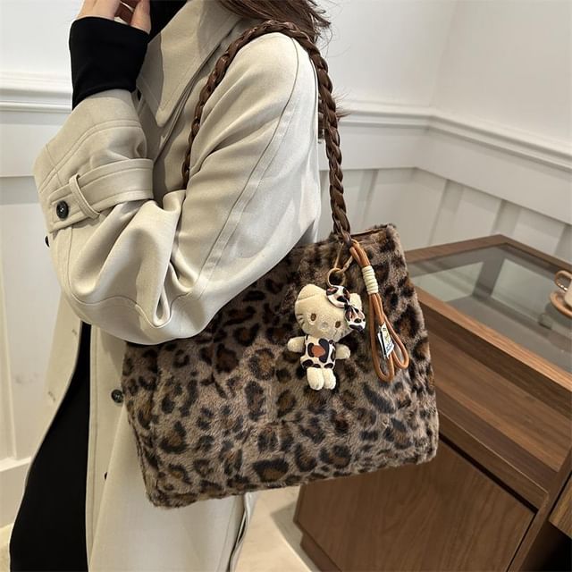 Indenis-Leopard Patterned Fluffy Tote Bag