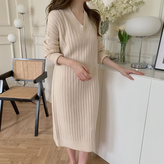 Ango Long-Sleeve V-Neck Plain Ribbed Midi Shift Sweater Dress