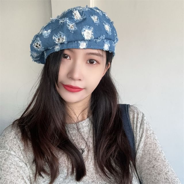 4-4 STUDIO-Distressed Denim Beret