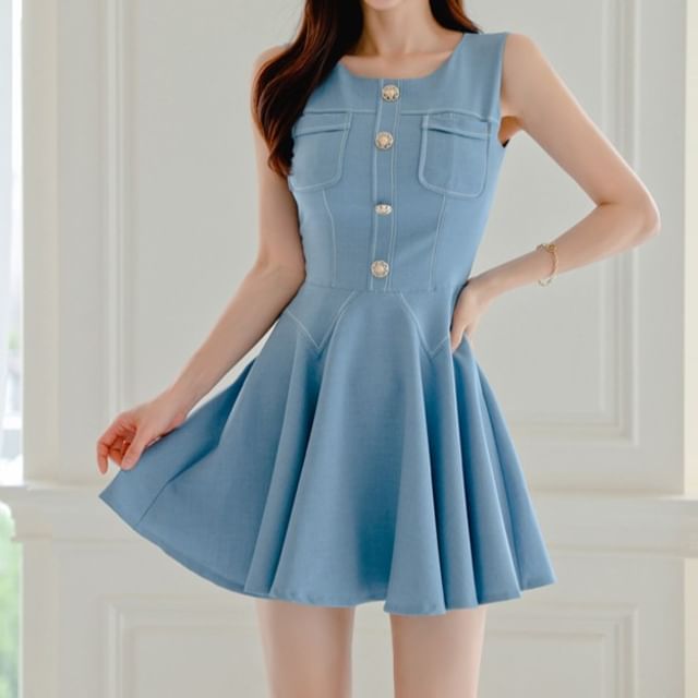 Yilda-Sleeveless Round Neck Plain Panel Button Mini A-Line Dress