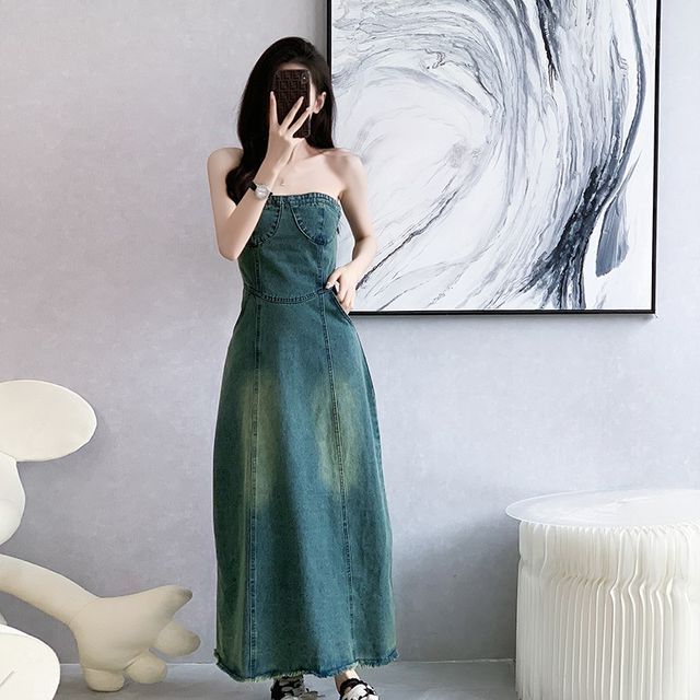 Aurora - Strapless Washed Midi A-Line Denim Dress | YesStyle