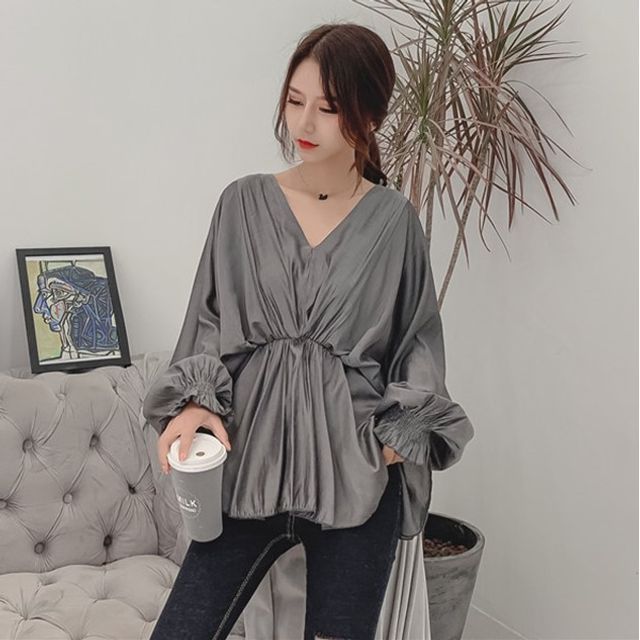 Everose-Puff-Sleeve Plain Blouse