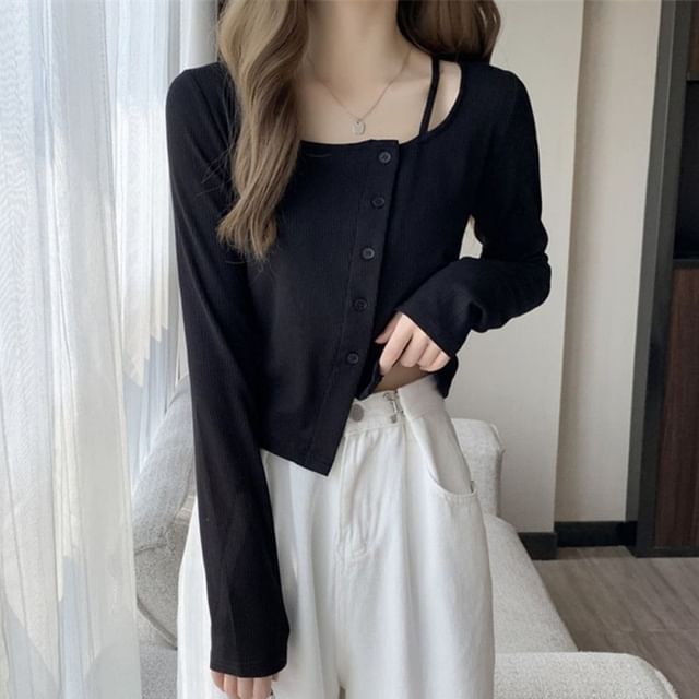 Sisyphi-Long Sleeve Scoop Neck Plain Asymmetrical Button Top