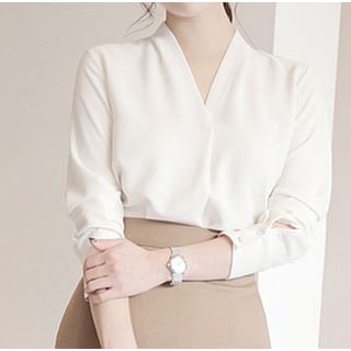 MIKIGA-Puff-Sleeve V-Neck Plain Blouse