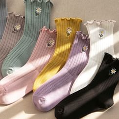 Mimiyu - Set of 4: Flower Embroidered Lettuce Edge Socks Mimiyu - Set of 4: Flower Embroidered Lettuce Edge Socks