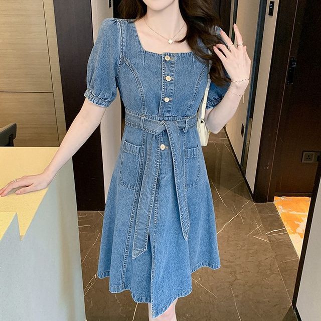 Klevy - Short-Sleeve Square Neck Tie Waist Half-Button Slit A-Line Denim  Dress | YesStyle